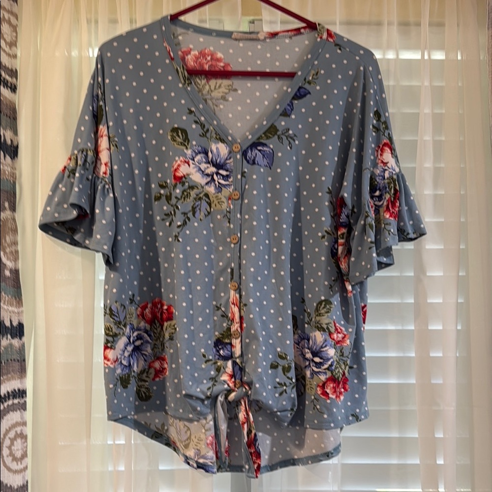 Floral Polka Dot Tie Flutter Sleeve Women's Top